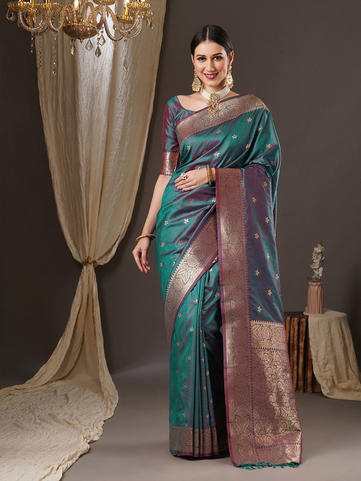 Teal & Gold Banarasi Silk Blend Saree with Zari Woven Border