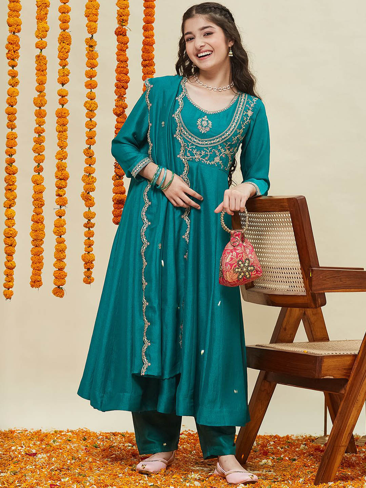 Girls Silk Embroidered Anarkali Kurta and Pant Set with Dupatta