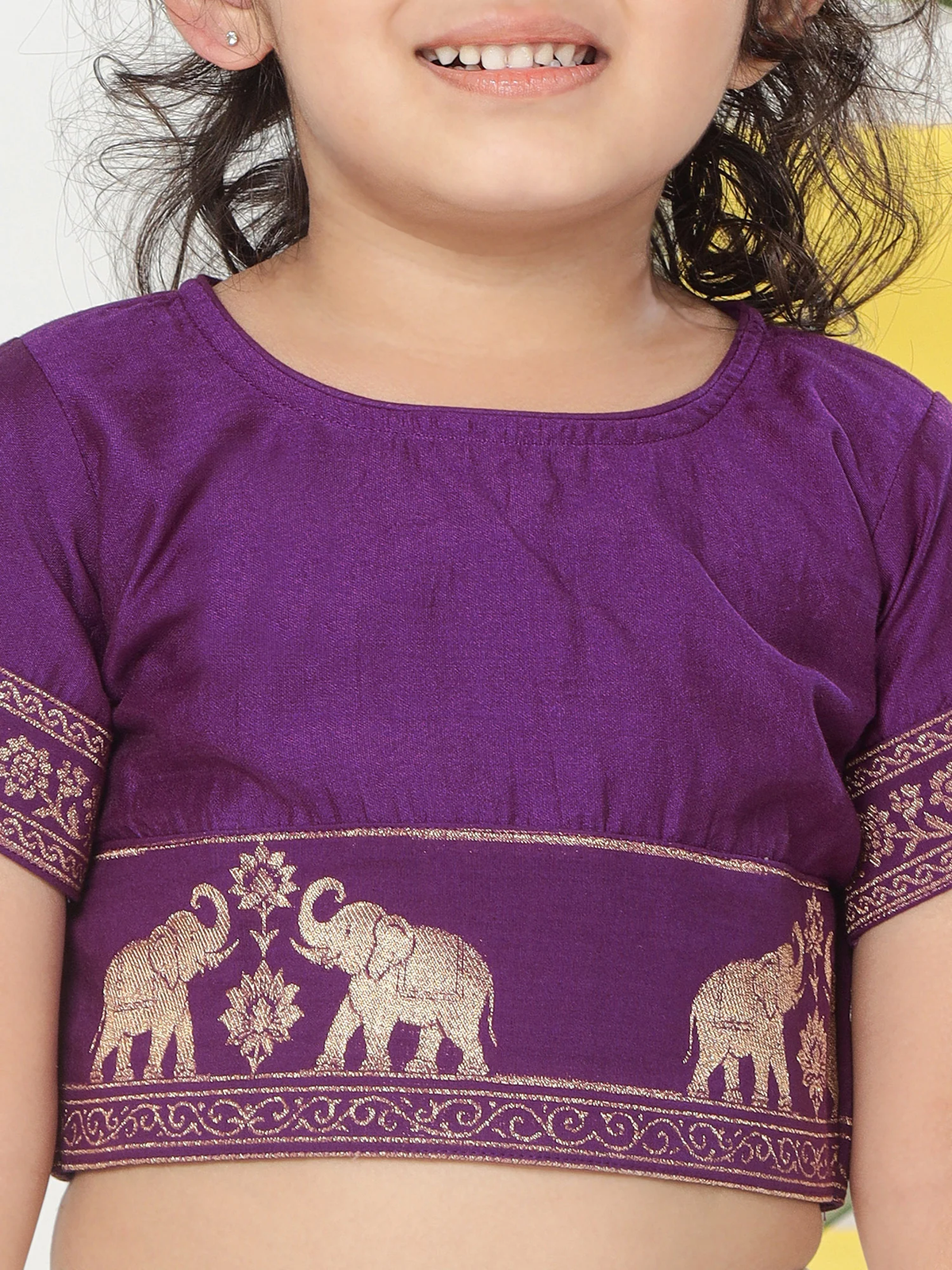 Cream Elephant Zari Embroidery Chanderi Cotton Lehenga with Stitched Purple blouse Set