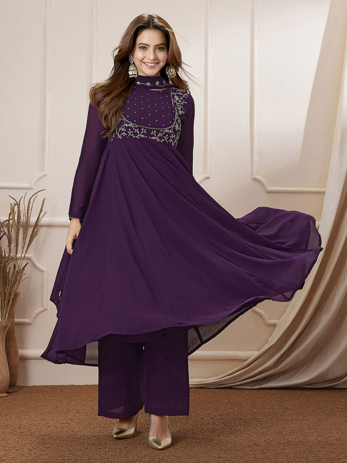Purple Georgette Embroidered Anarkali Palazzo Set
