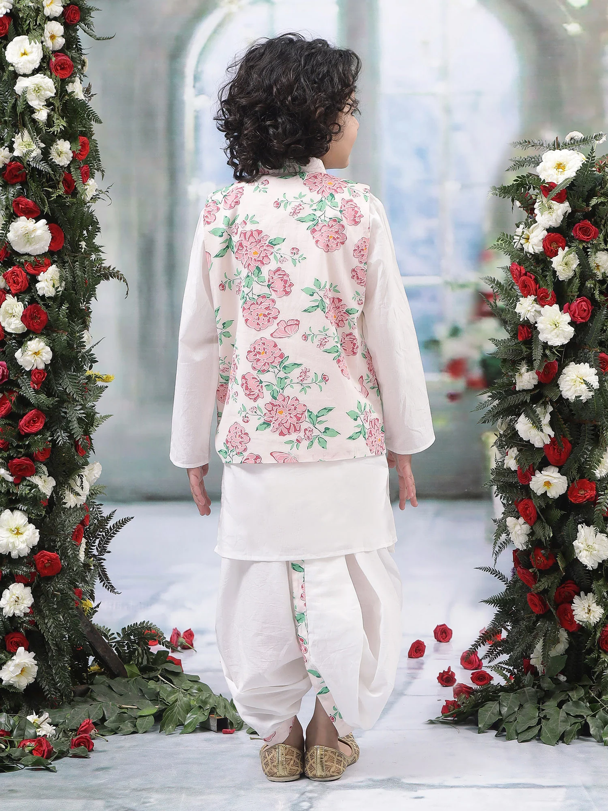 Baby Pink Floral Butterfly Nehru Jacket with Cotton Kurta Dhoti Set