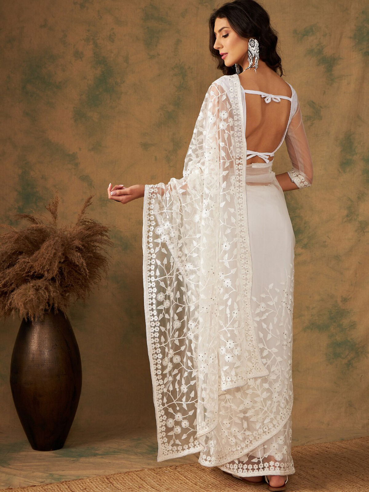 White Floral Embroidered Net Saree with Blouse Piece