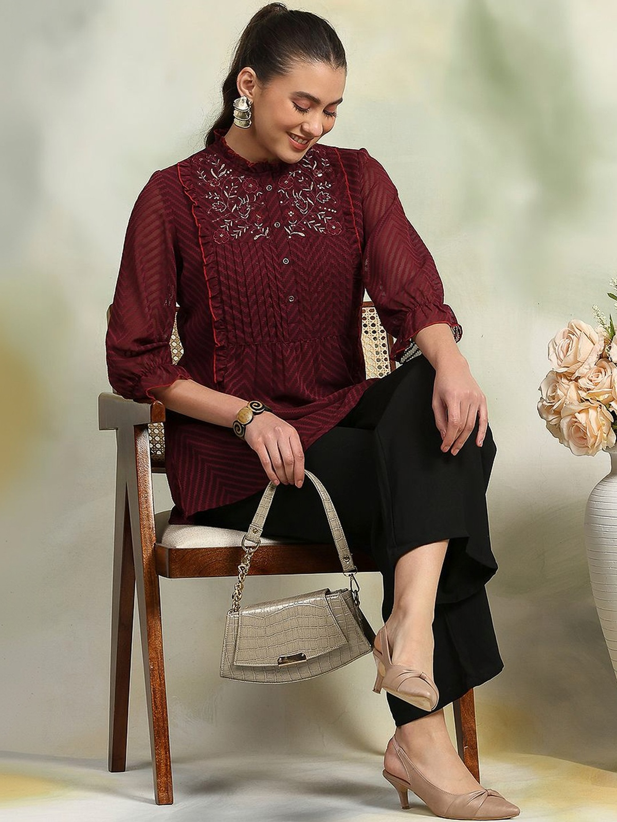 Women’s Maroon Georgette Kurti with Thread Work AROMIE.STORE