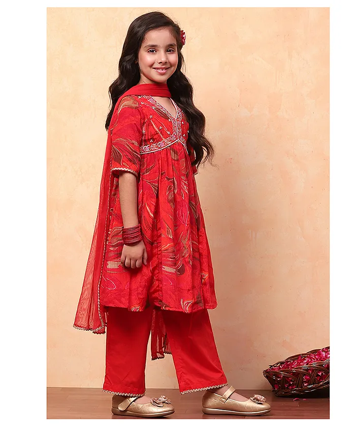 Woven Three Fourth Sleeves Floral Embroidered Kurti Pant Set With Dupatta – Red