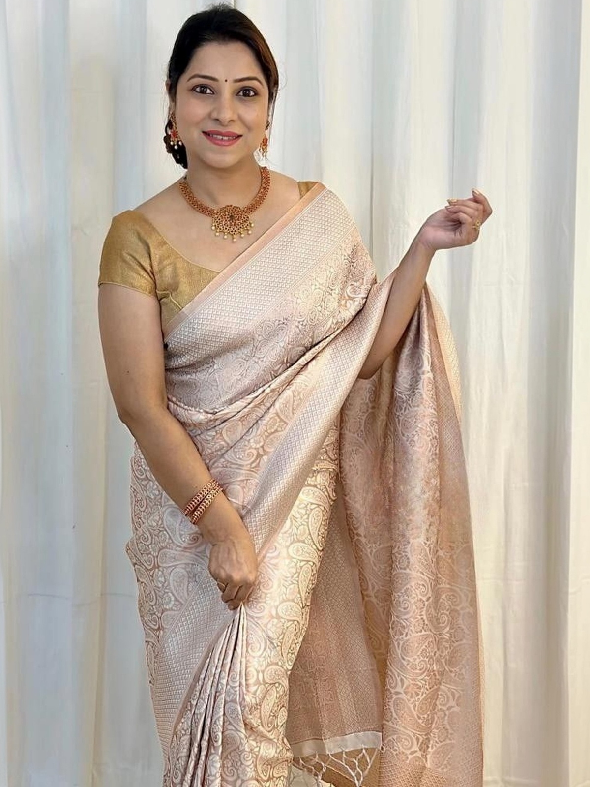 Gold-Toned Solid Art Silk Ready-to-Wear Saree with Boat Neck Blouse