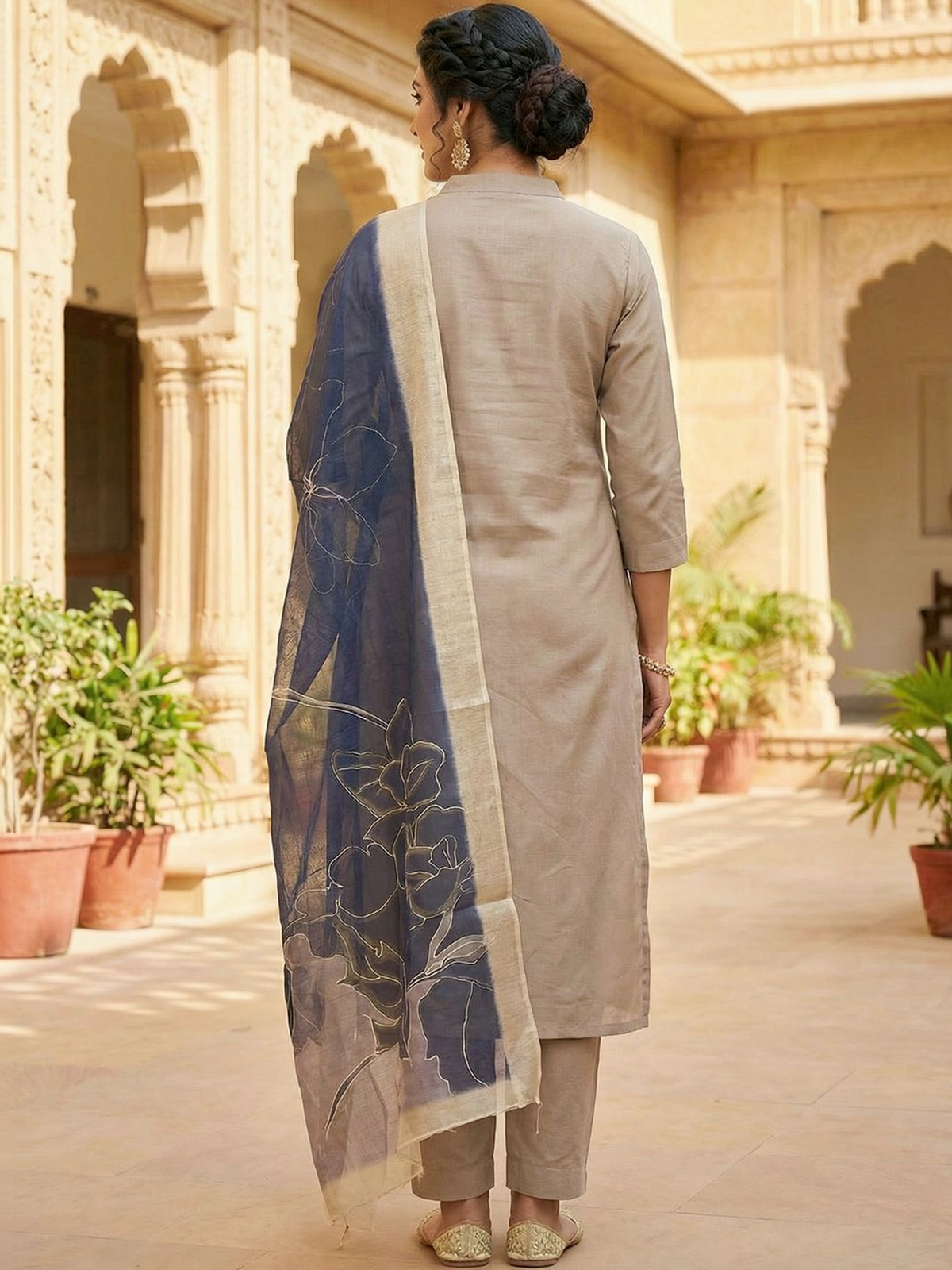 Grey Solid Art Silk Kurta Set with Trousers & Printed Dupatta