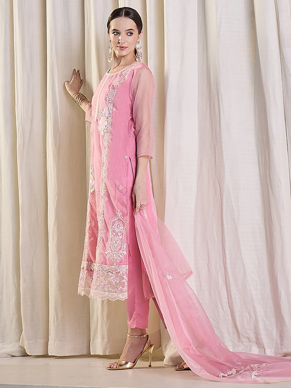Pink Embroidered Organza Straight Suit Set with Trousers & Dupatta