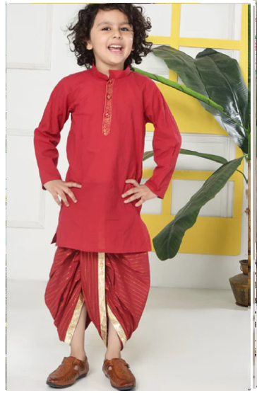 Red Minimal Zari Embroidery Cotton Kurta Dhoti set