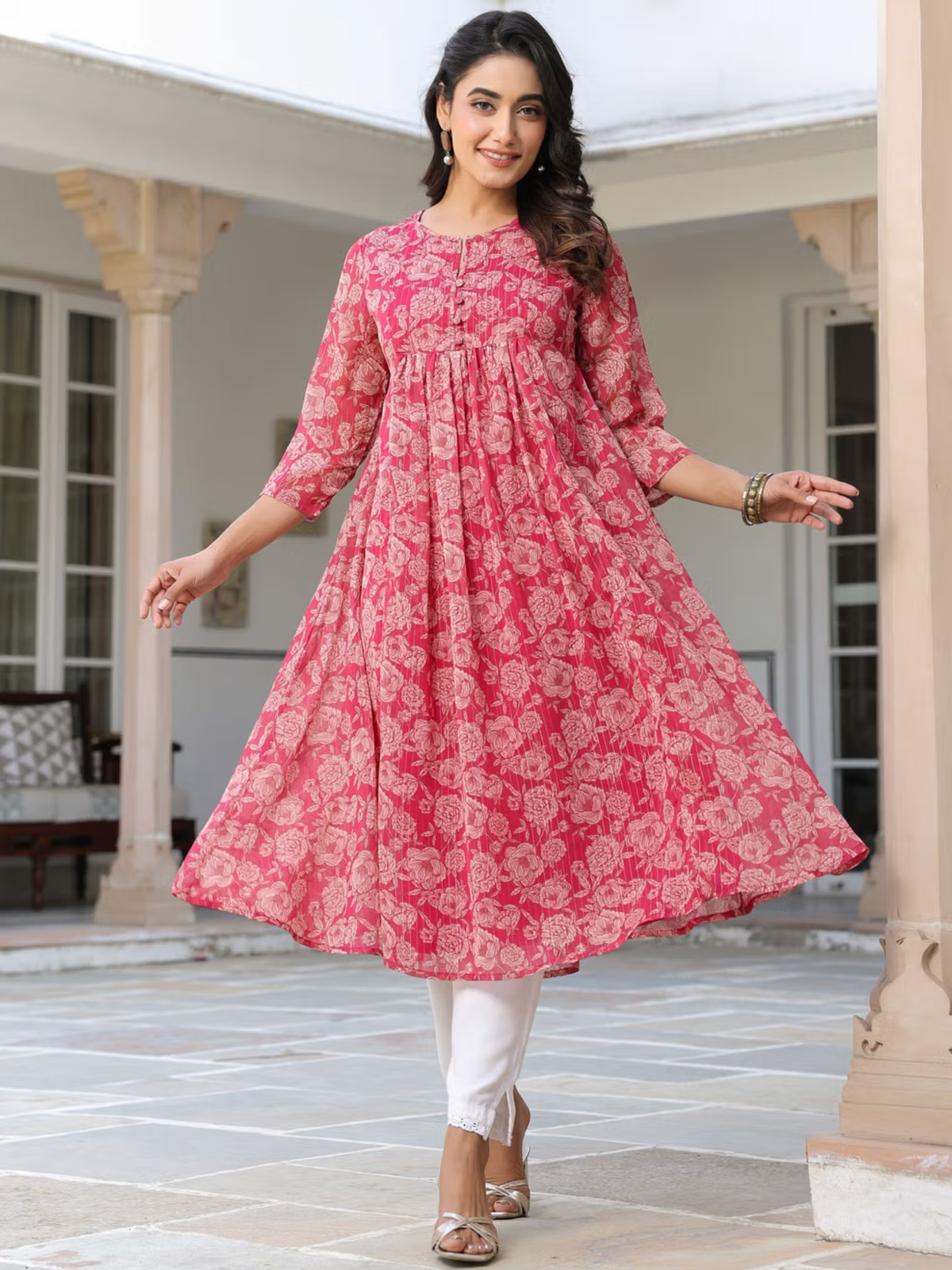Womens Dark Pink Chiffon Lurex Floral Printed Flared Kurta