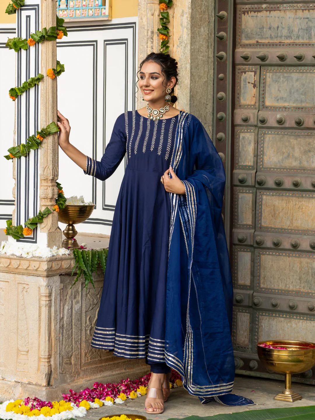Navy Blue Rayon Festive Suit Set with Dupatta