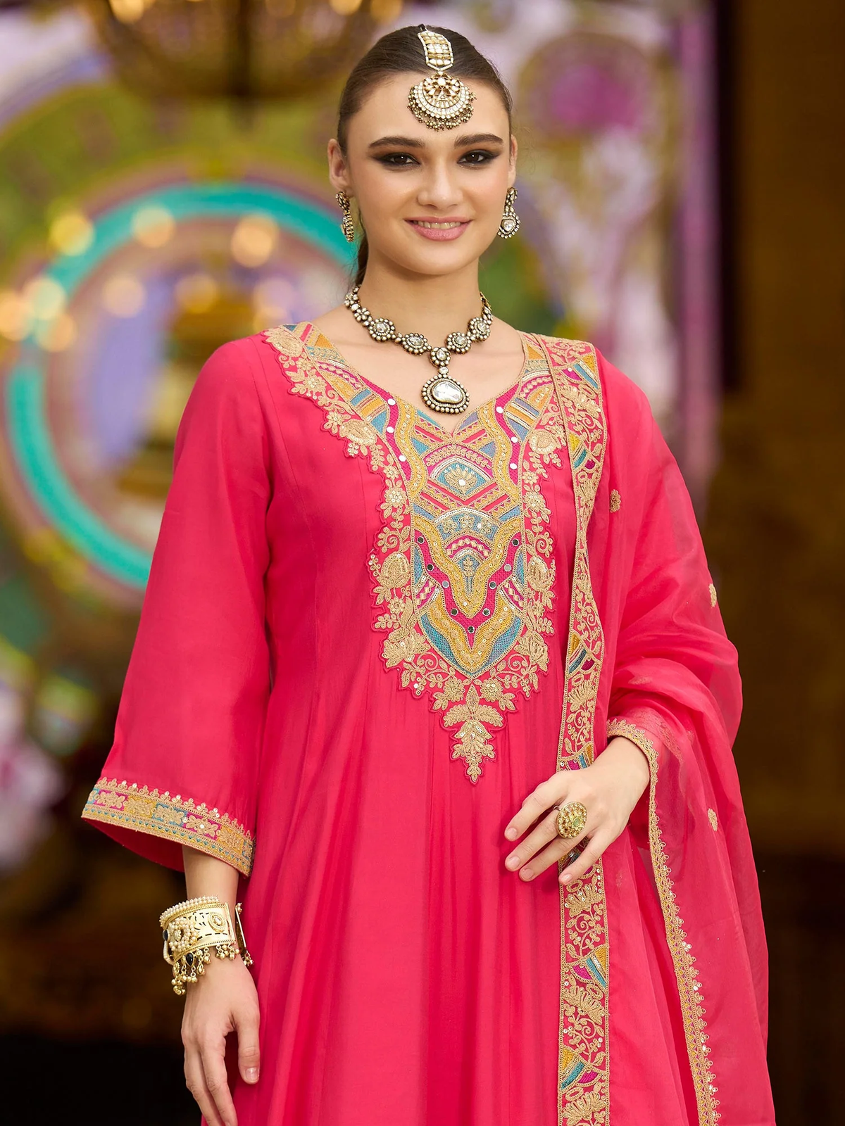 Pink Embroidered Silk Blend A-Line Suit Sets With Dupatta