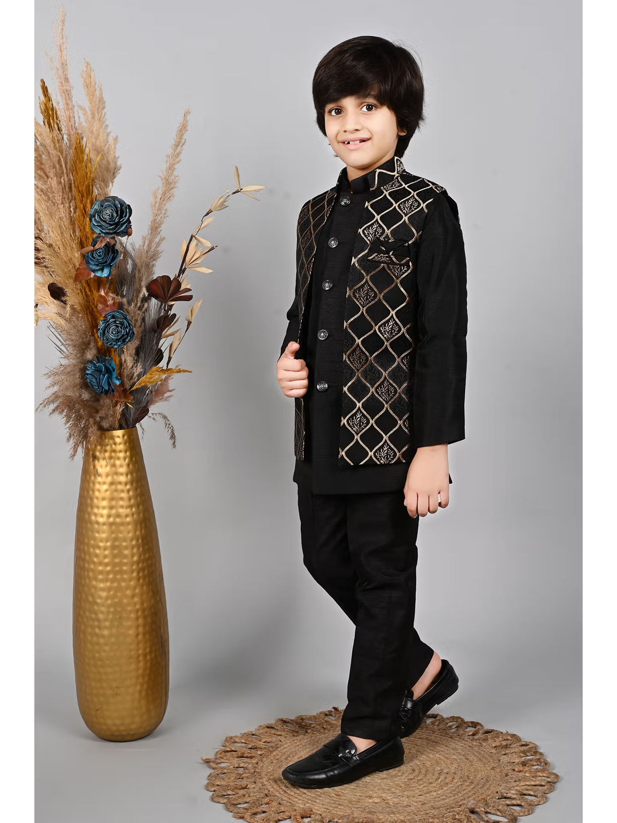 Black Kids Blend Sherwani and Pant with Jacket (Set of 3)