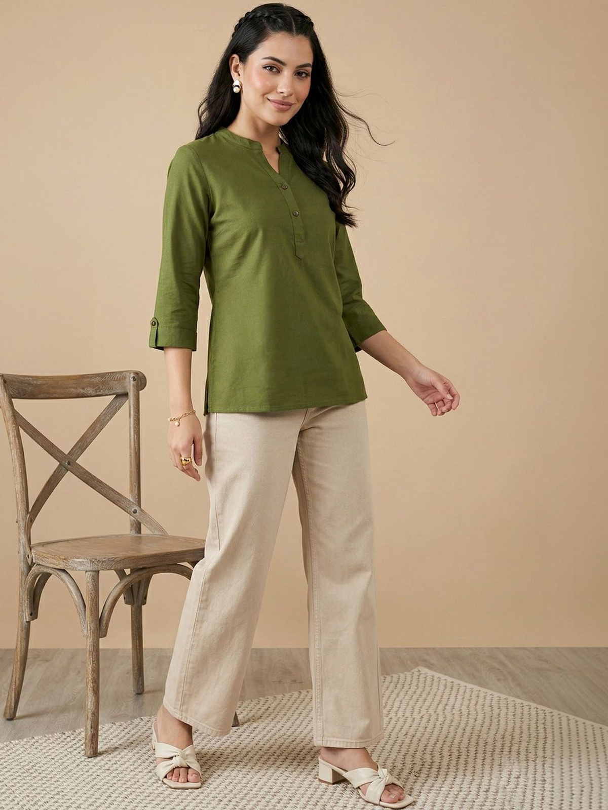 Women’s Olive Green Pure Cotton Kurti with Roll-Up Sleeves AROMIE.STORE
