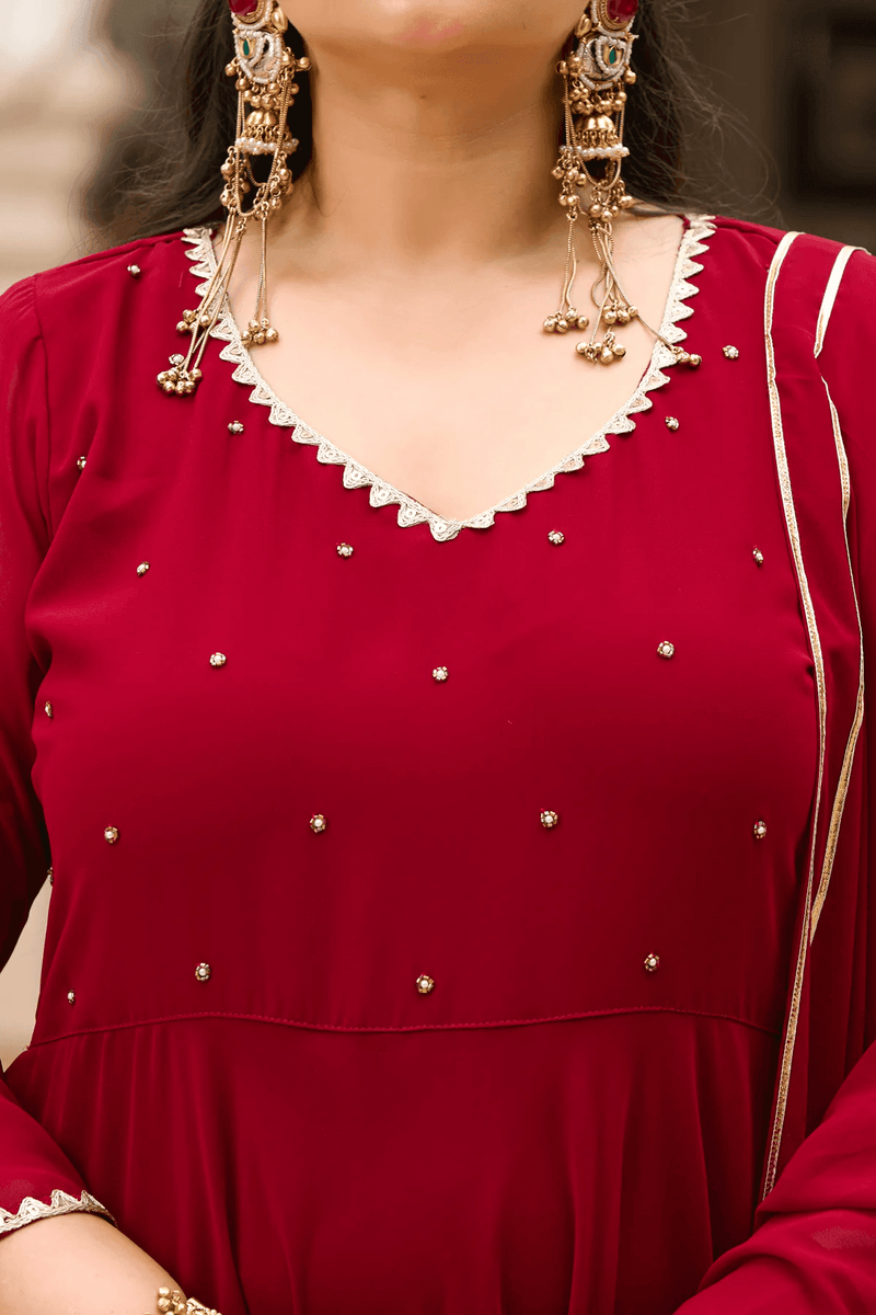 Women Embroidered Zari Georgette Anarkali Kurta with Dupatta aromie