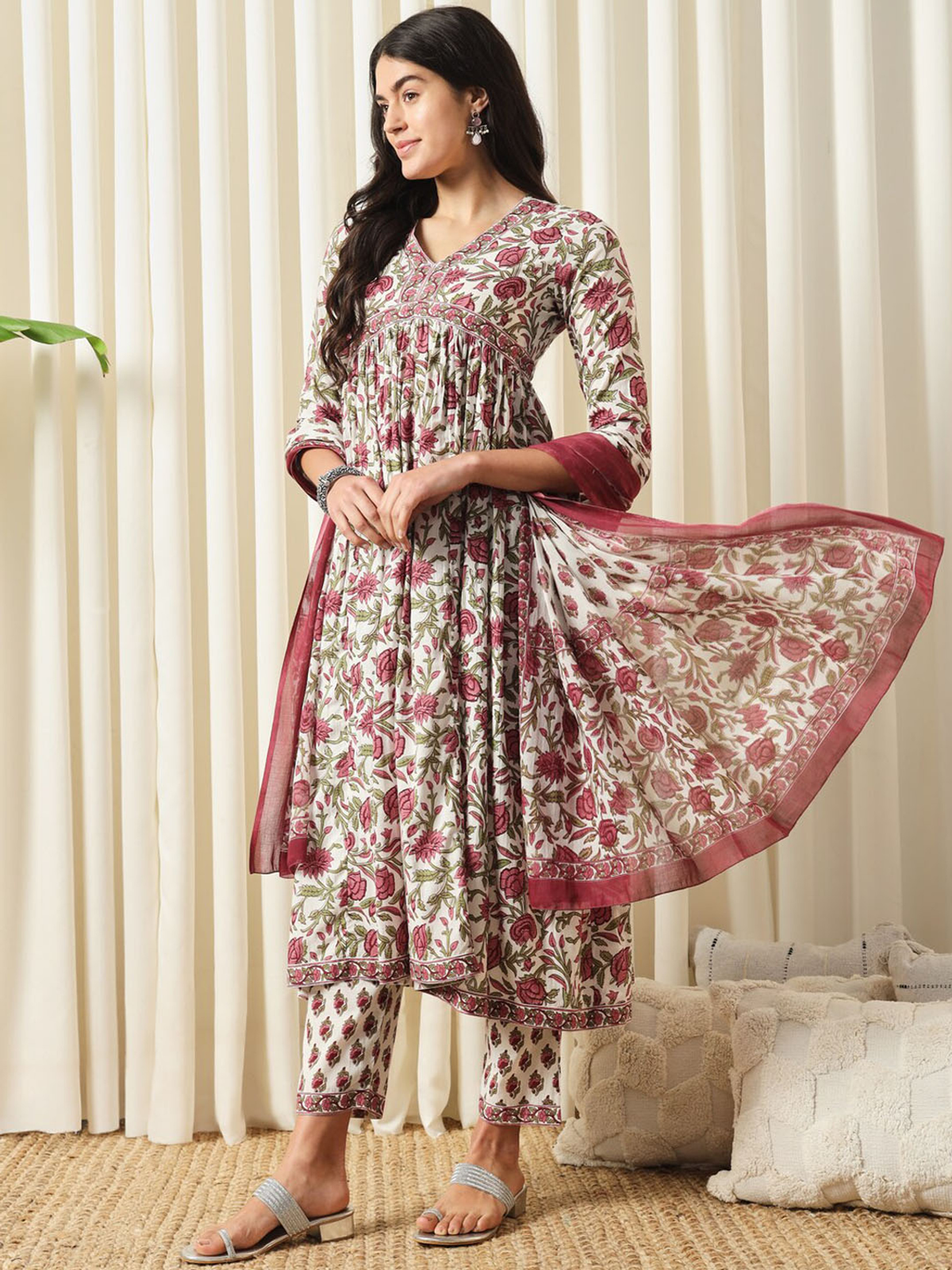 Floral Printed Pure Cotton Empire Kurta With Trouser & Dupatta