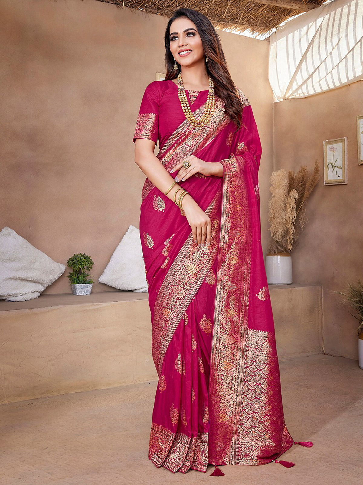 Pink & Gold Banarasi Silk Blend Saree with Zari Woven Border