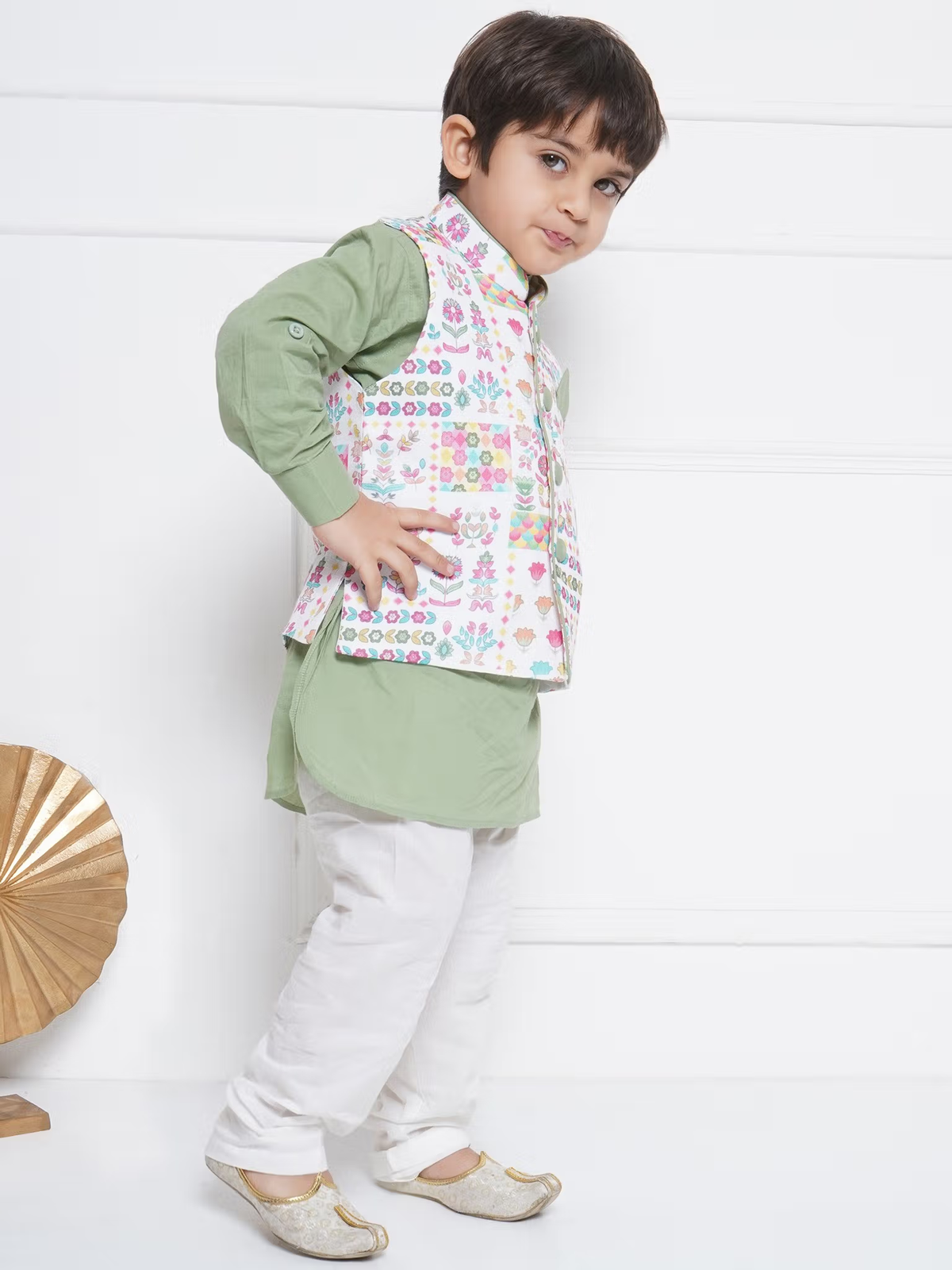 Boys Peach Printed Kurta with Dhoti and Jacket (Set of 3) (Copy)