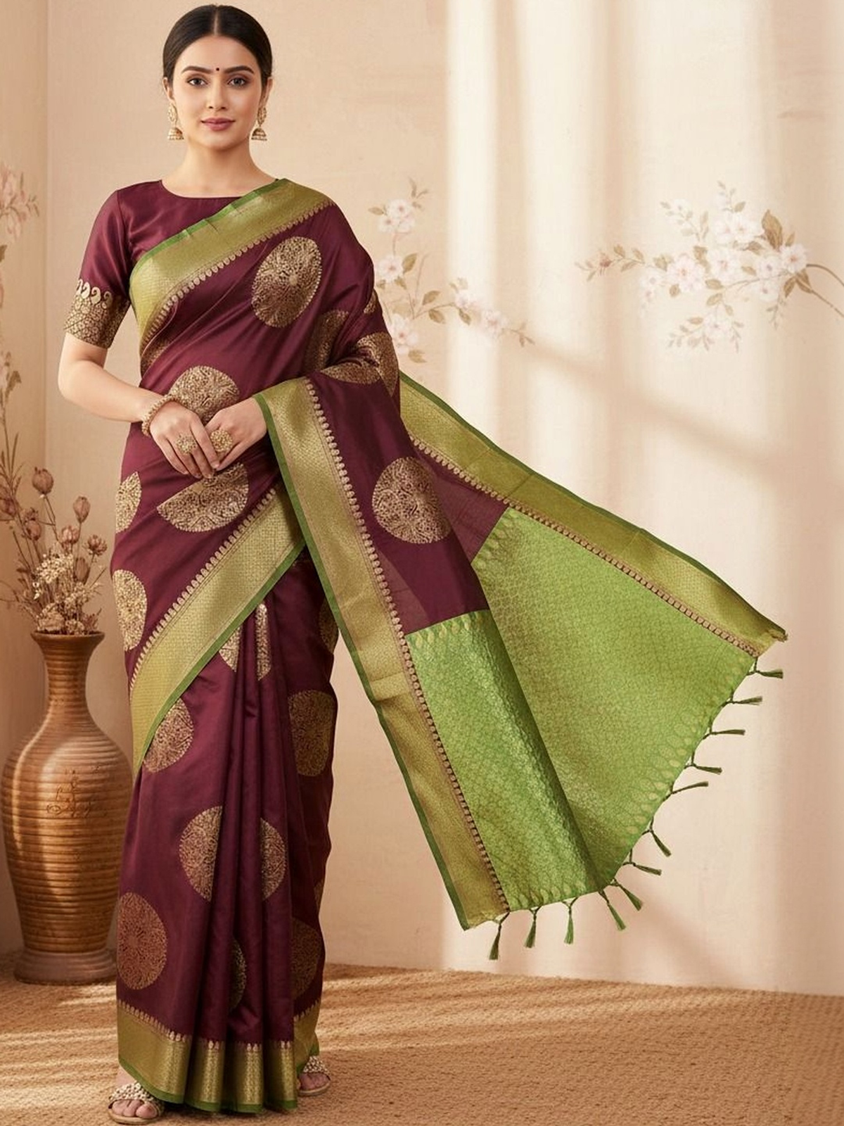 Burgundy & Green Muga Silk Blend Saree with Zari Woven Border