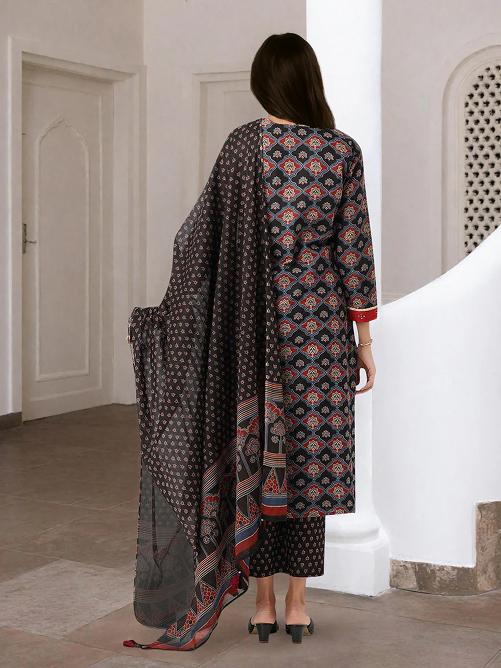 Comfy Black Pure Cotton Ajrakh Print Straight fit kurta set with dupatta