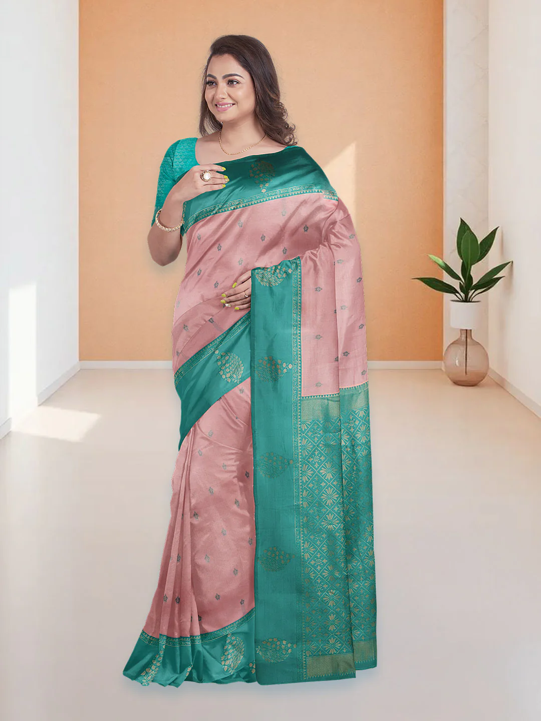 Women Copper with Green Art Silk Saree
