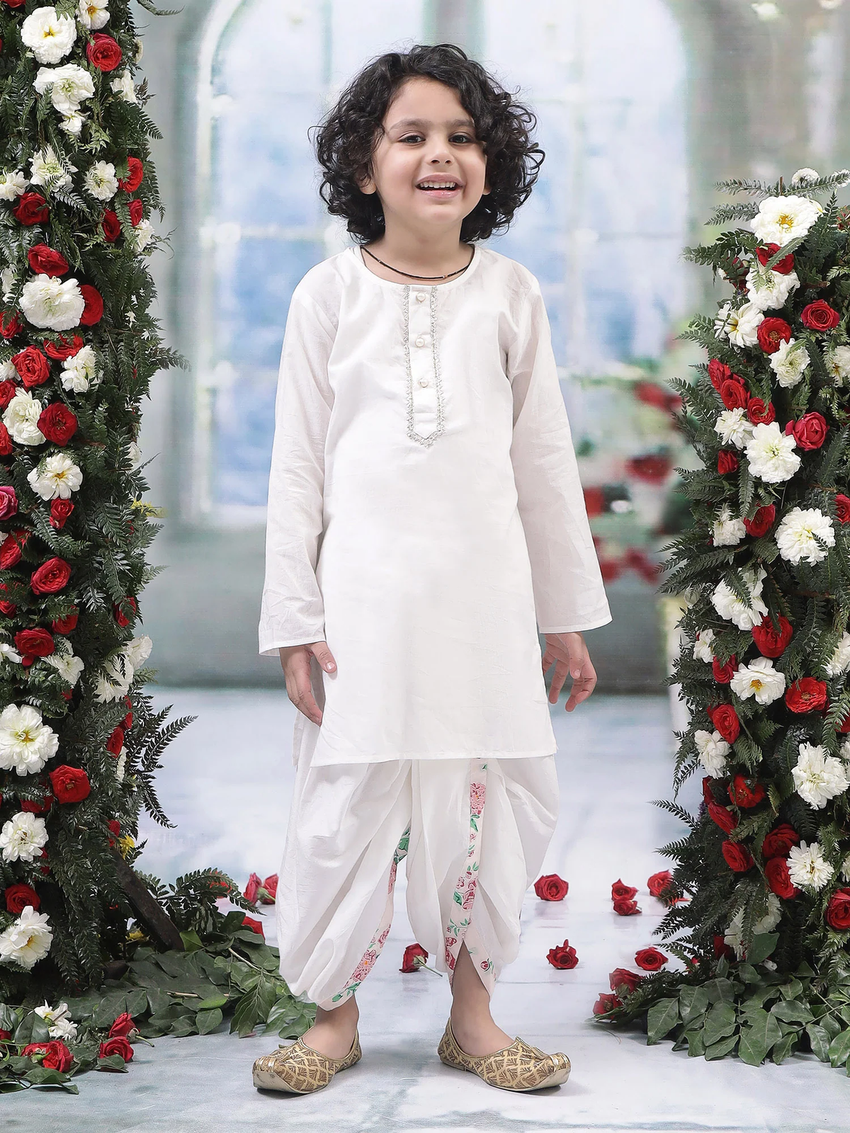 Baby Pink Floral Butterfly Nehru Jacket with Cotton Kurta Dhoti Set