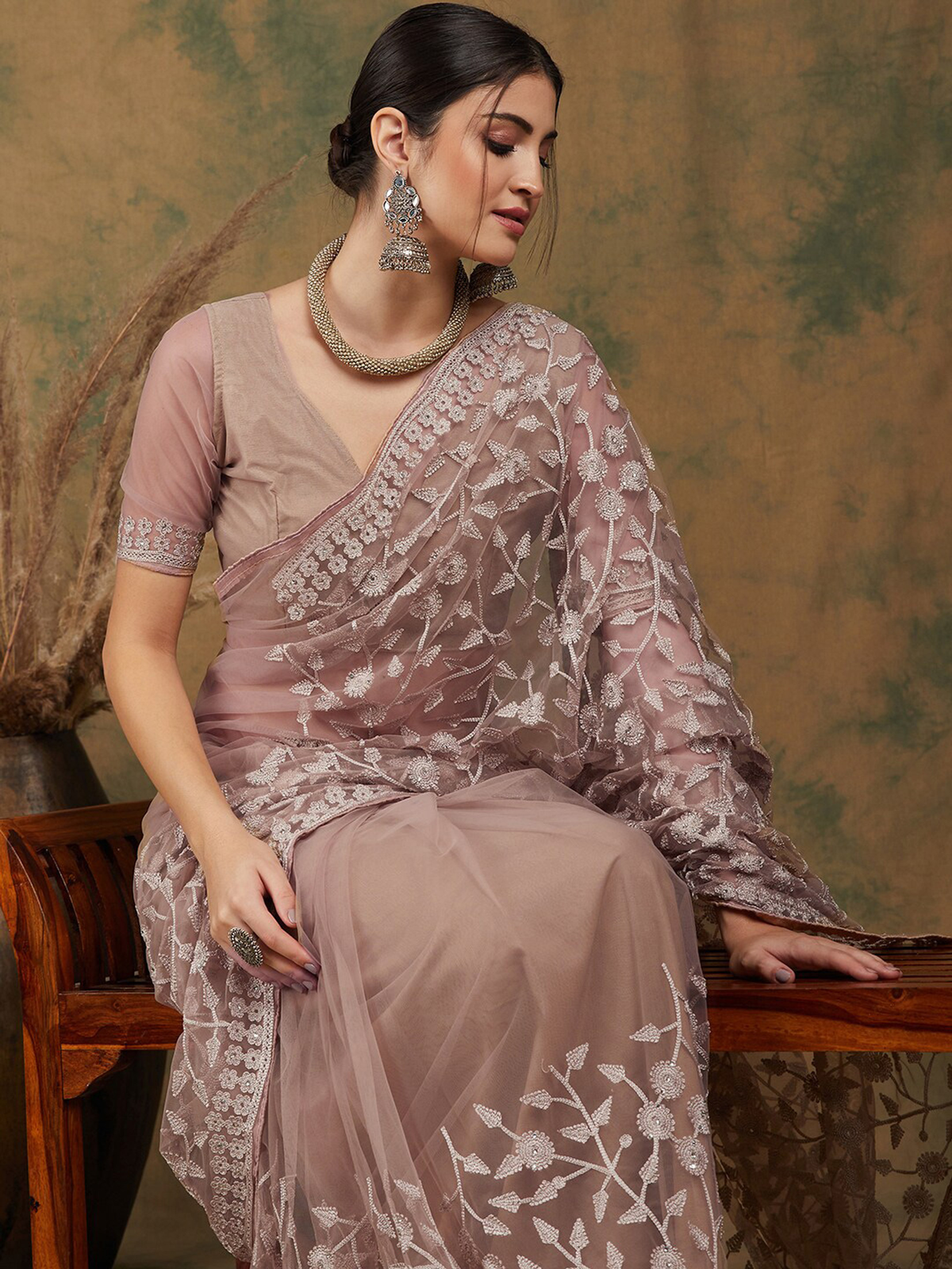 Beige Floral Embroidered Net Saree with Lace Border & Blouse Piece