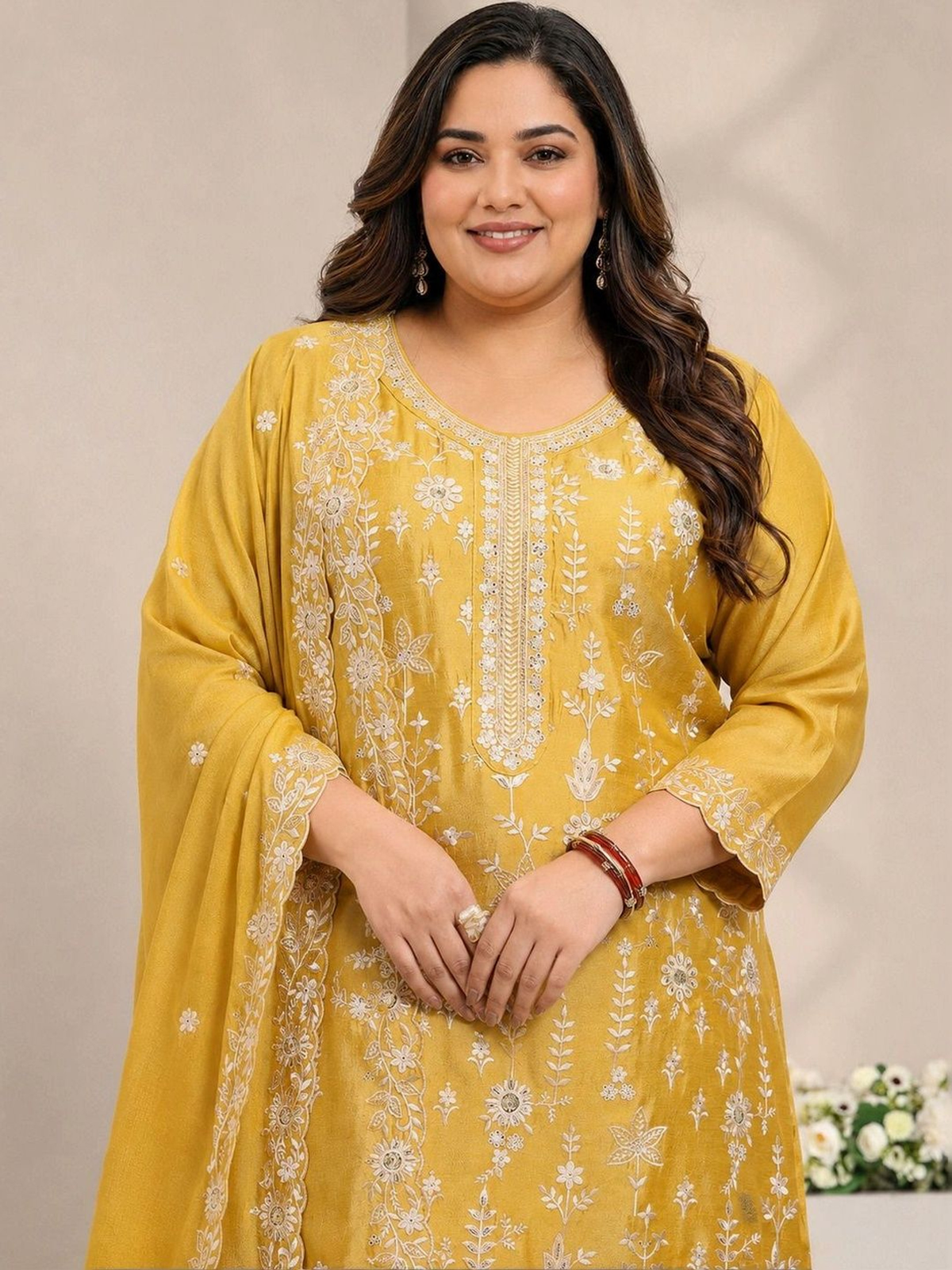 Mustard Yellow Embroidered Kurta Set with Palazzos & Dupatta aromie