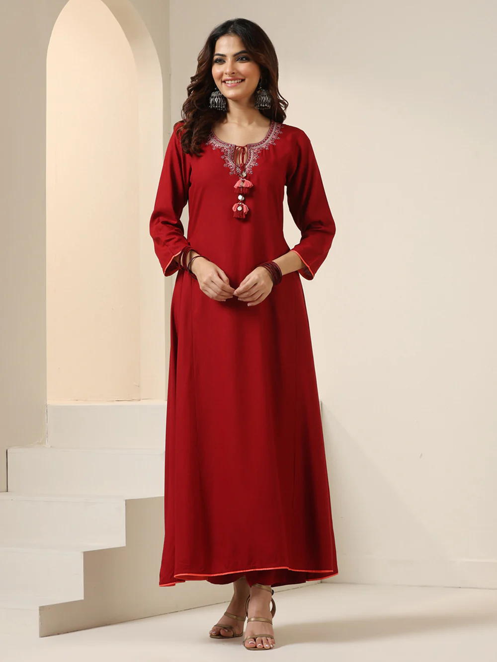 Elegant Maroon Viscose rayon Tieup Neckline Aline kurta set with rich brasso dupatta
