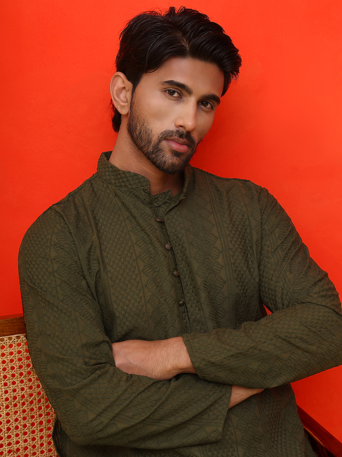 Men’s Olive Green Chikankari Cotton Kurta AROMIE | Affordable Indian Clothes & Dresses in Canada