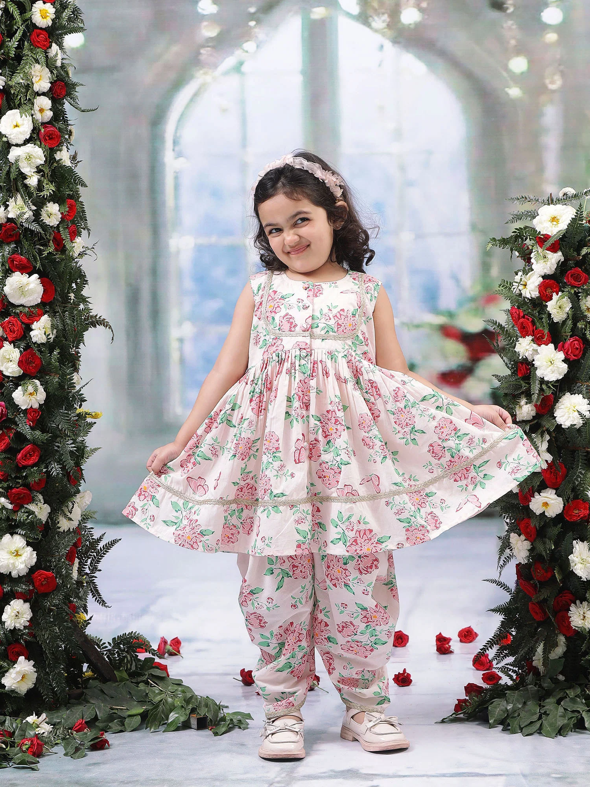 Baby Pink Floral Butterfly Cotton Kurta Salwar Set