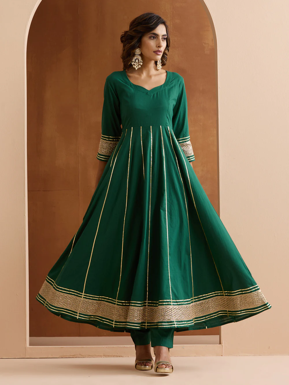 Graceful Green Cotton Blend Zari embroidery Fit And Flare kurta set with hand painted dupatta