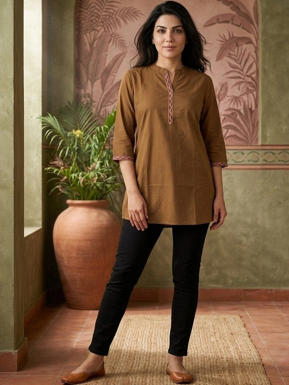 Women’s Brown Embroidered Rayon Kurti AROMIE.STORE