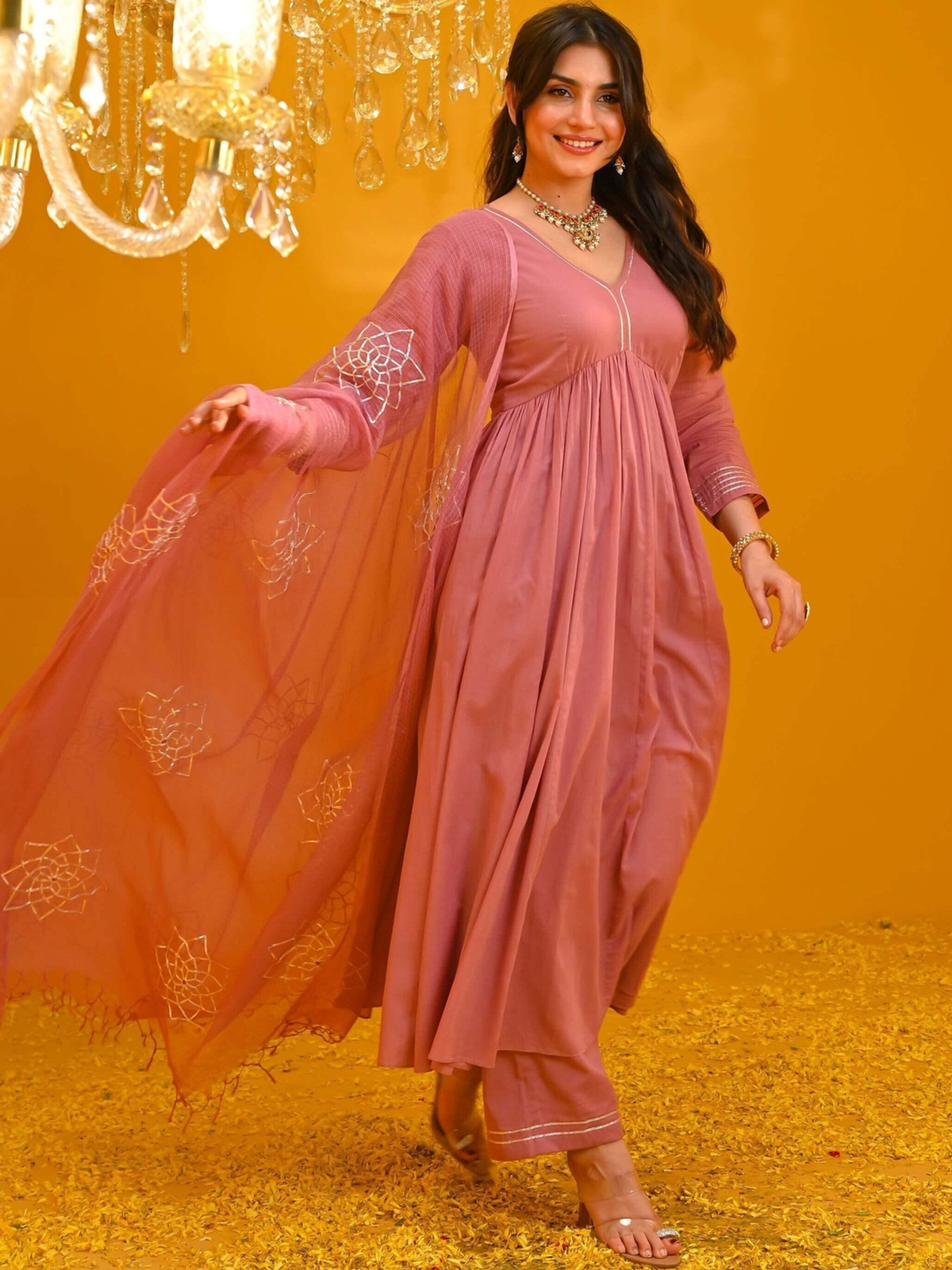 Pink Solid Empire Anarkali Kurta Set with Trousers & Embroidered Dupatta