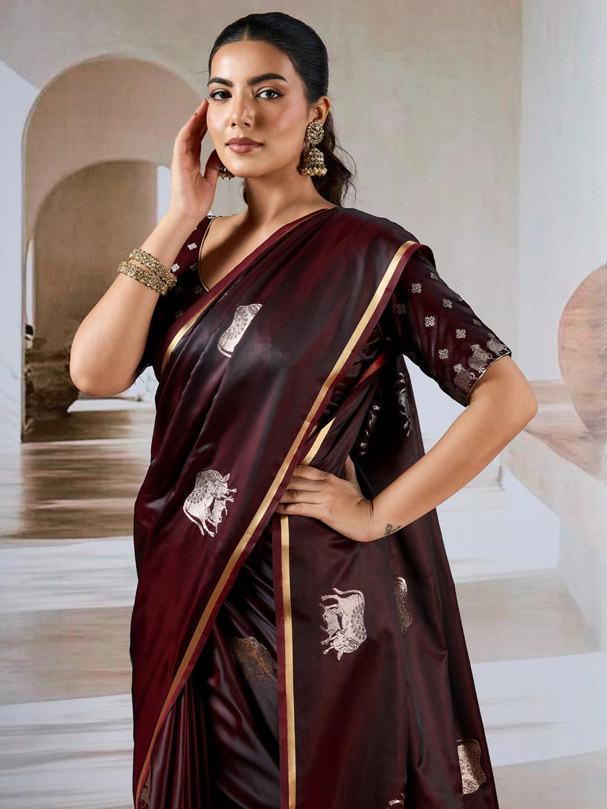 Maroon Banarasi Satin Saree with Ethnic Motif Weave & Zari Border