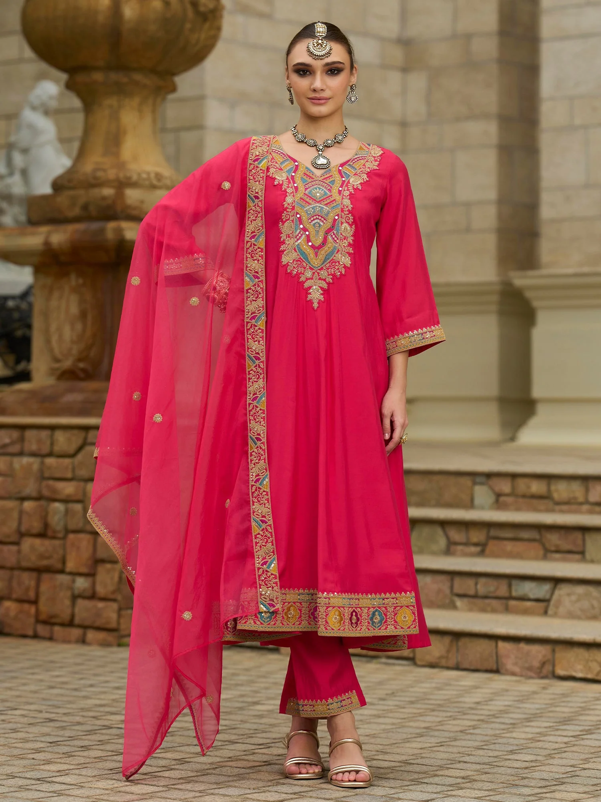 Pink Embroidered Silk Blend A-Line Suit Sets With Dupatta