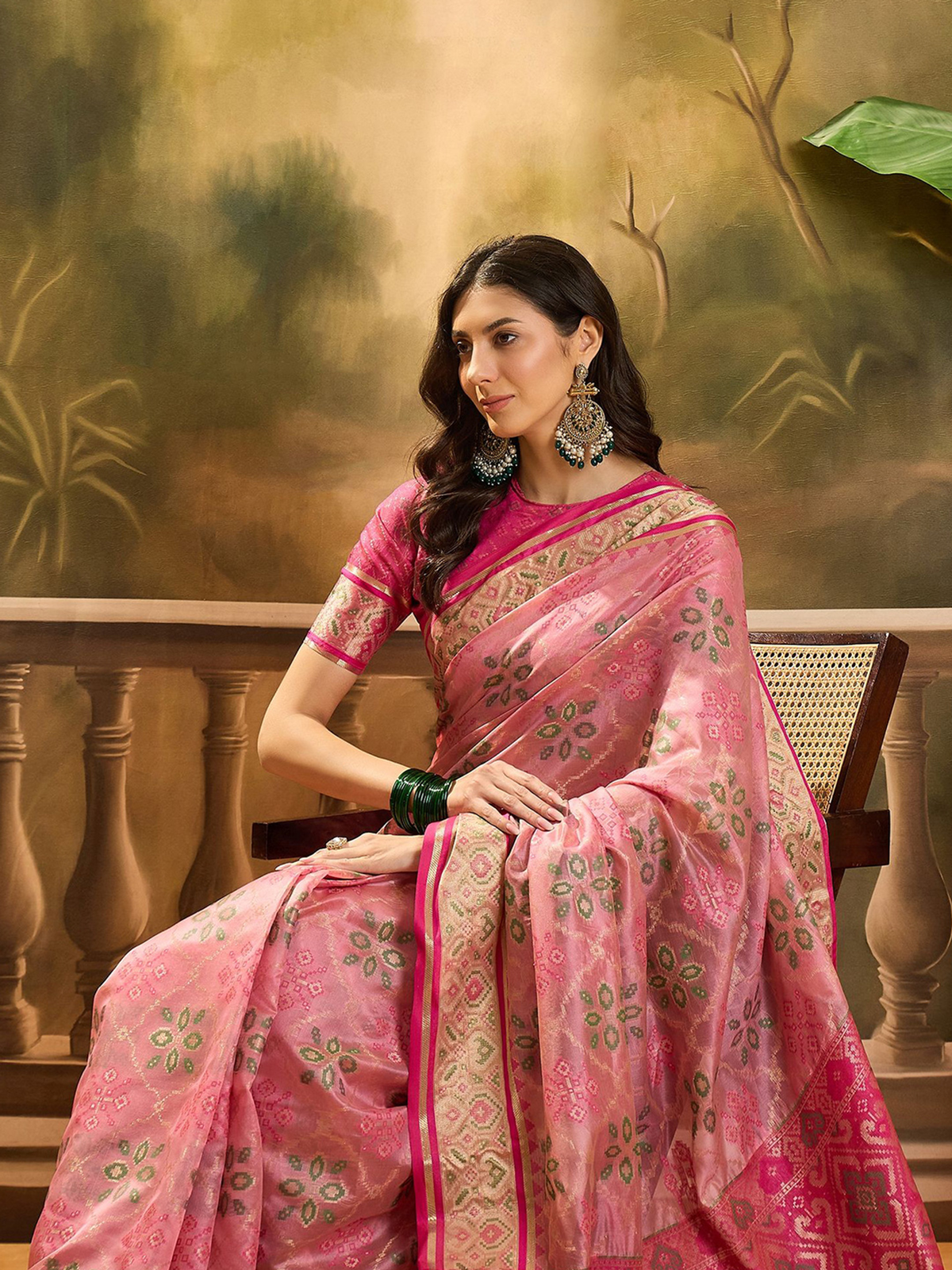 Pink Patola Organza Saree with Woven Design Border & Blouse Piece