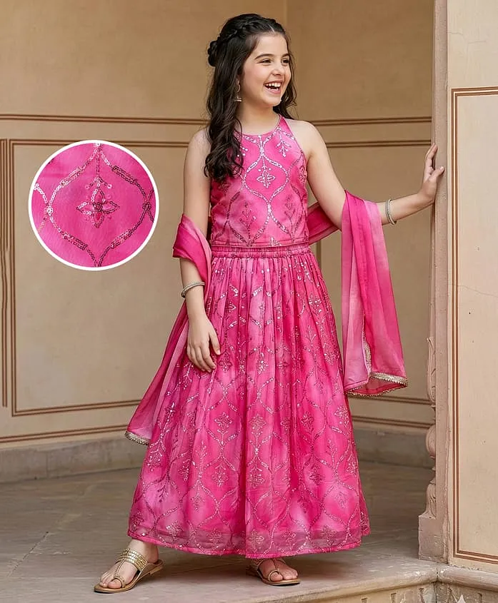 Woven Sleeveless Tie Dye Choli Lehenga Set With Dupatta – Dark Pink