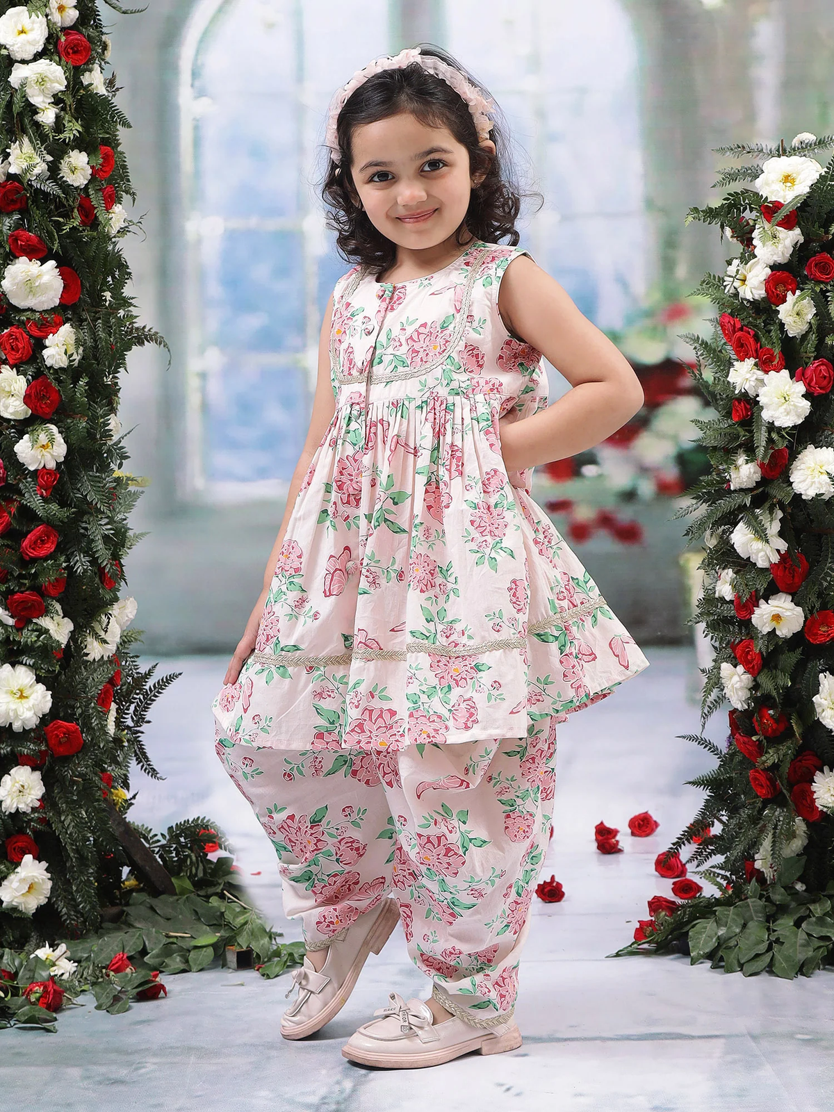 Baby Pink Floral Butterfly Cotton Kurta Salwar Set