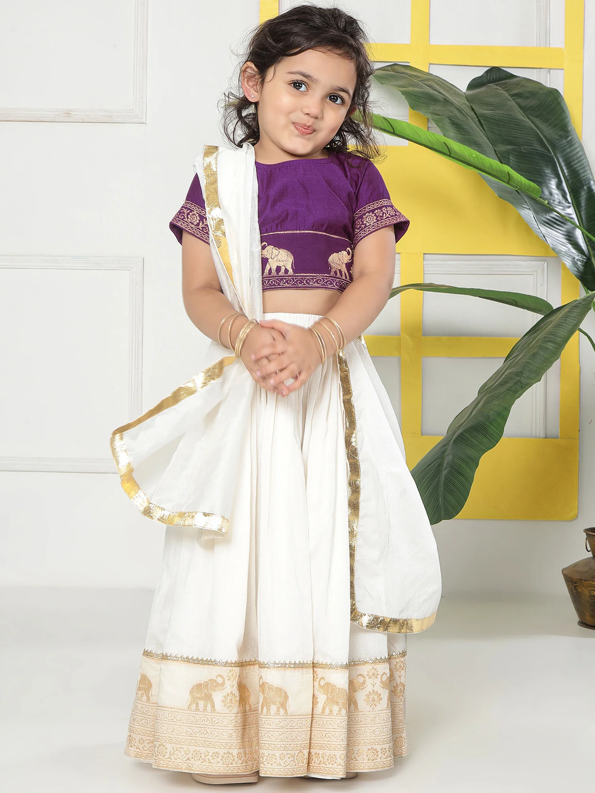 Cream Elephant Zari Embroidery Chanderi Cotton Lehenga with Stitched Purple blouse Set