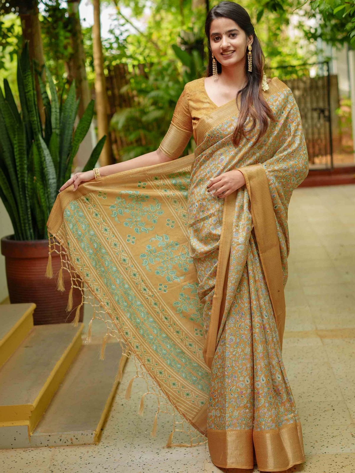 Yellow & Green Floral Printed Cotton Silk Ready-to-Wear Saree with Zari Border