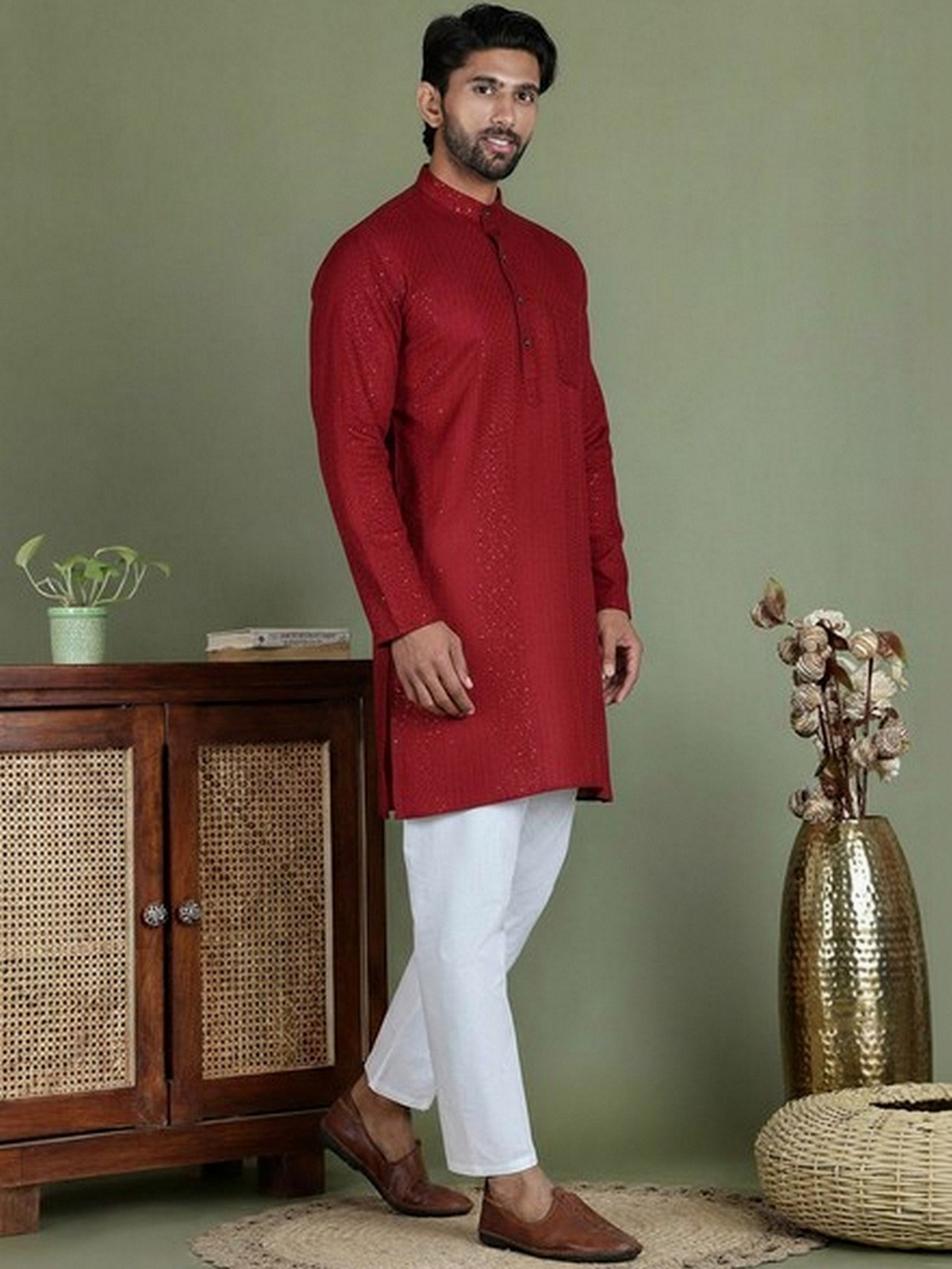 Men’s Maroon & White Cotton Kurta with Thread Work AROMIE | Affordable Indian Clothes & Dresses in Canada