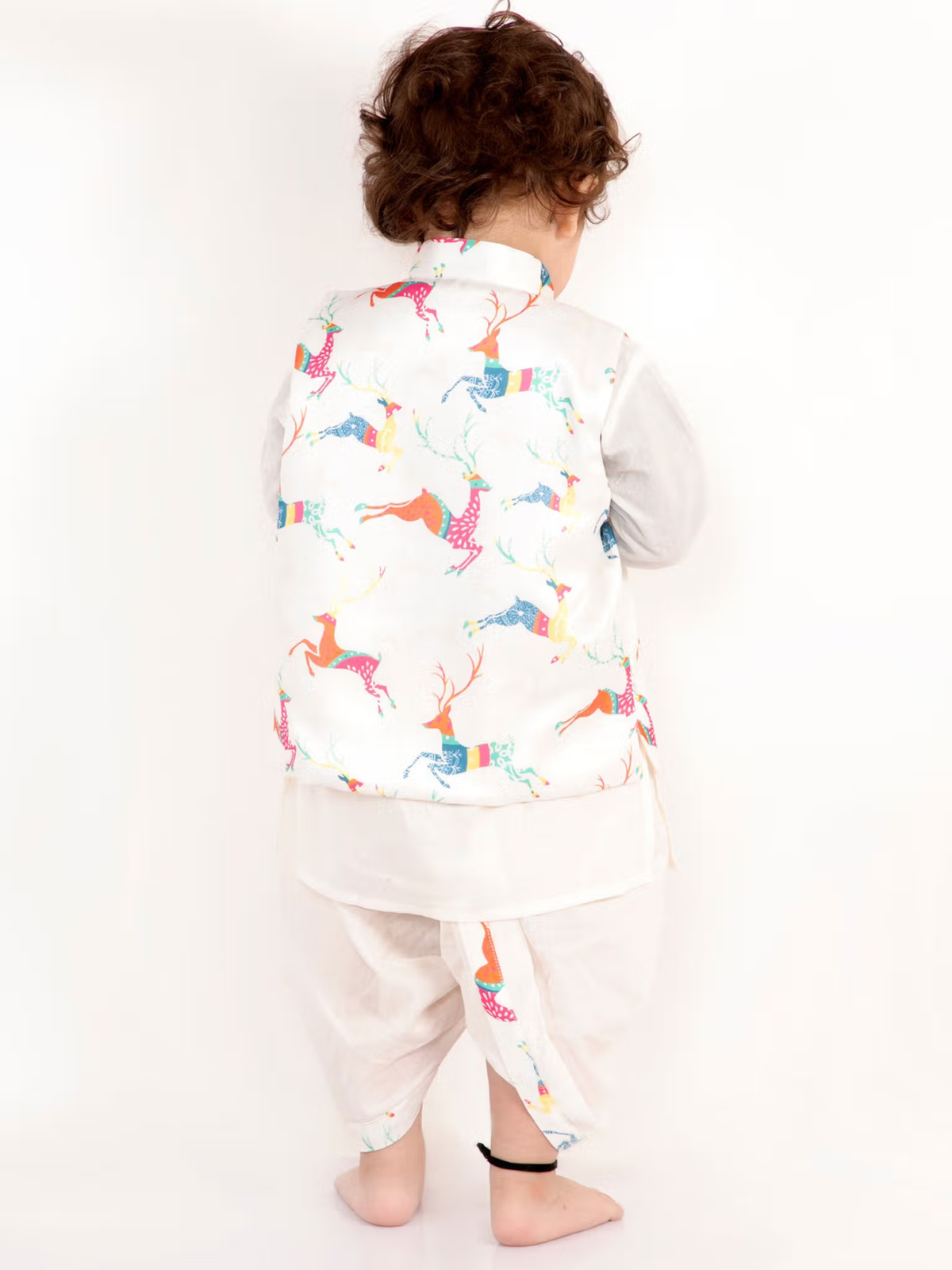 Boys White Printed Kurta with Dhoti and Jacket (Set of 3)