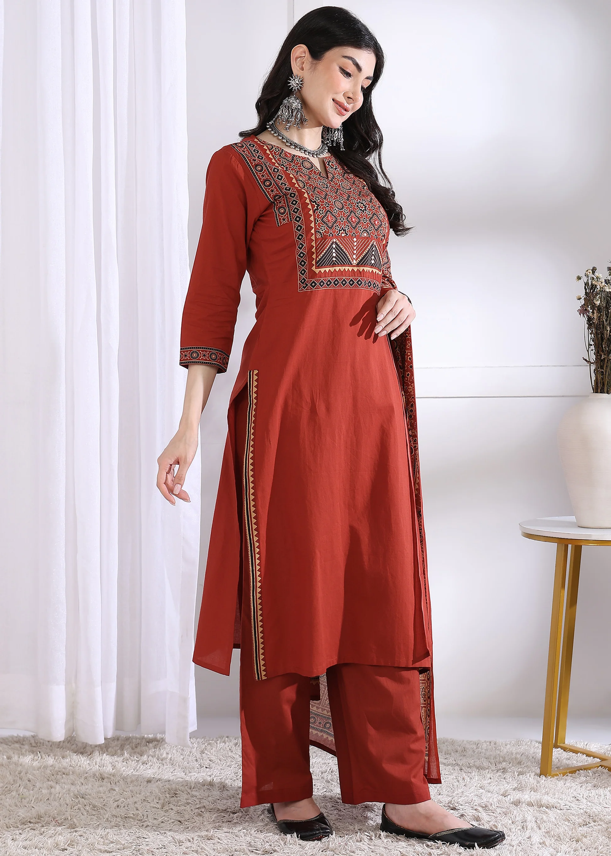 Red Cotton Straight Kurta Set with Printed Dupatta aromie