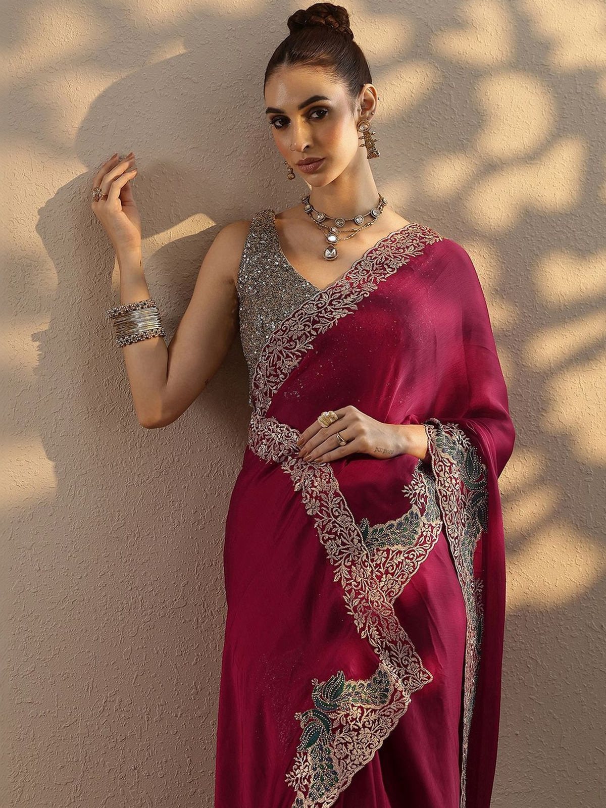 Red Chiffon Saree with Embroidered Border aromie