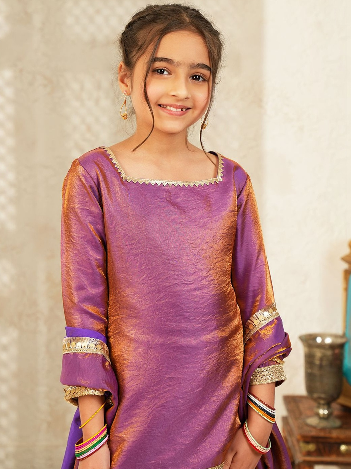 Girls Dyed Regular Kurta with Palazzos & With Dupatta
