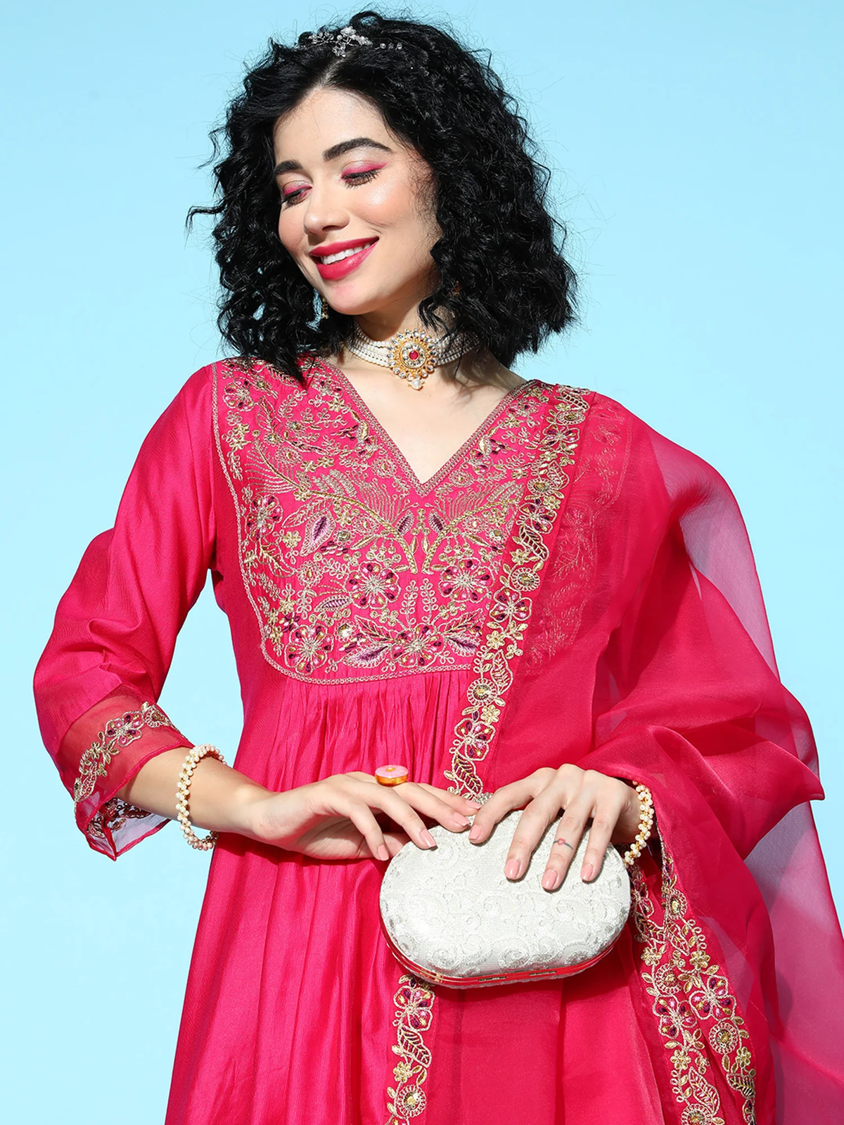 Fuchsia Embroidered Kurta Palazzo Set with Dupatta