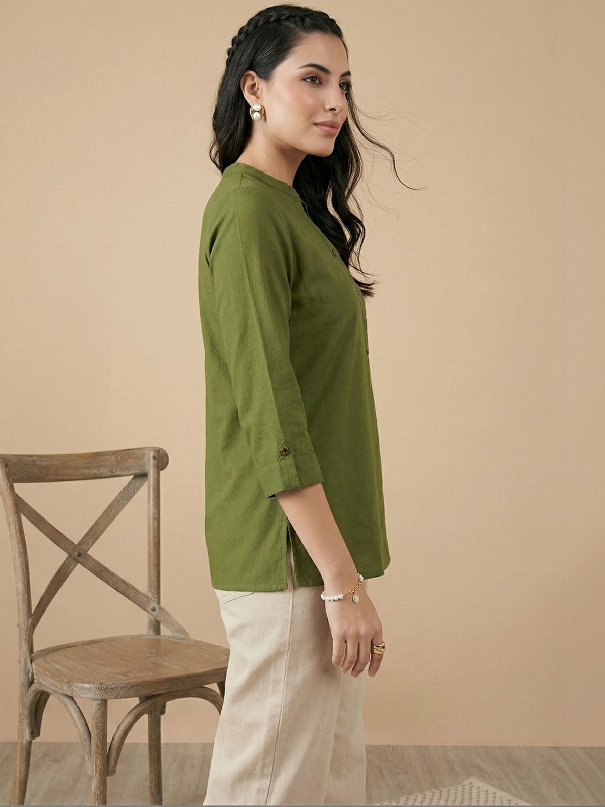 Women’s Olive Green Pure Cotton Kurti with Roll-Up Sleeves AROMIE.STORE