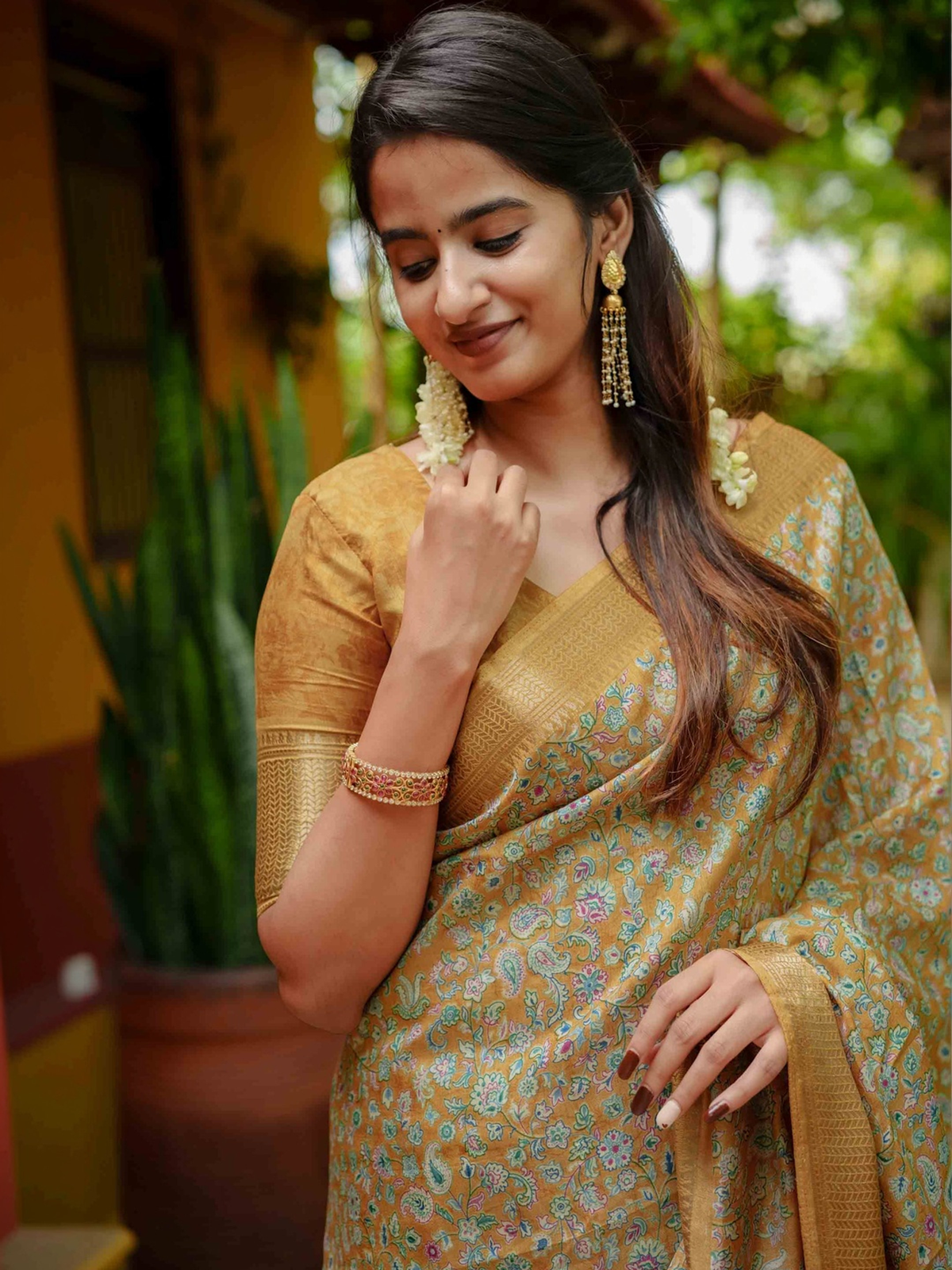 Yellow & Green Floral Printed Cotton Silk Ready-to-Wear Saree with Zari Border