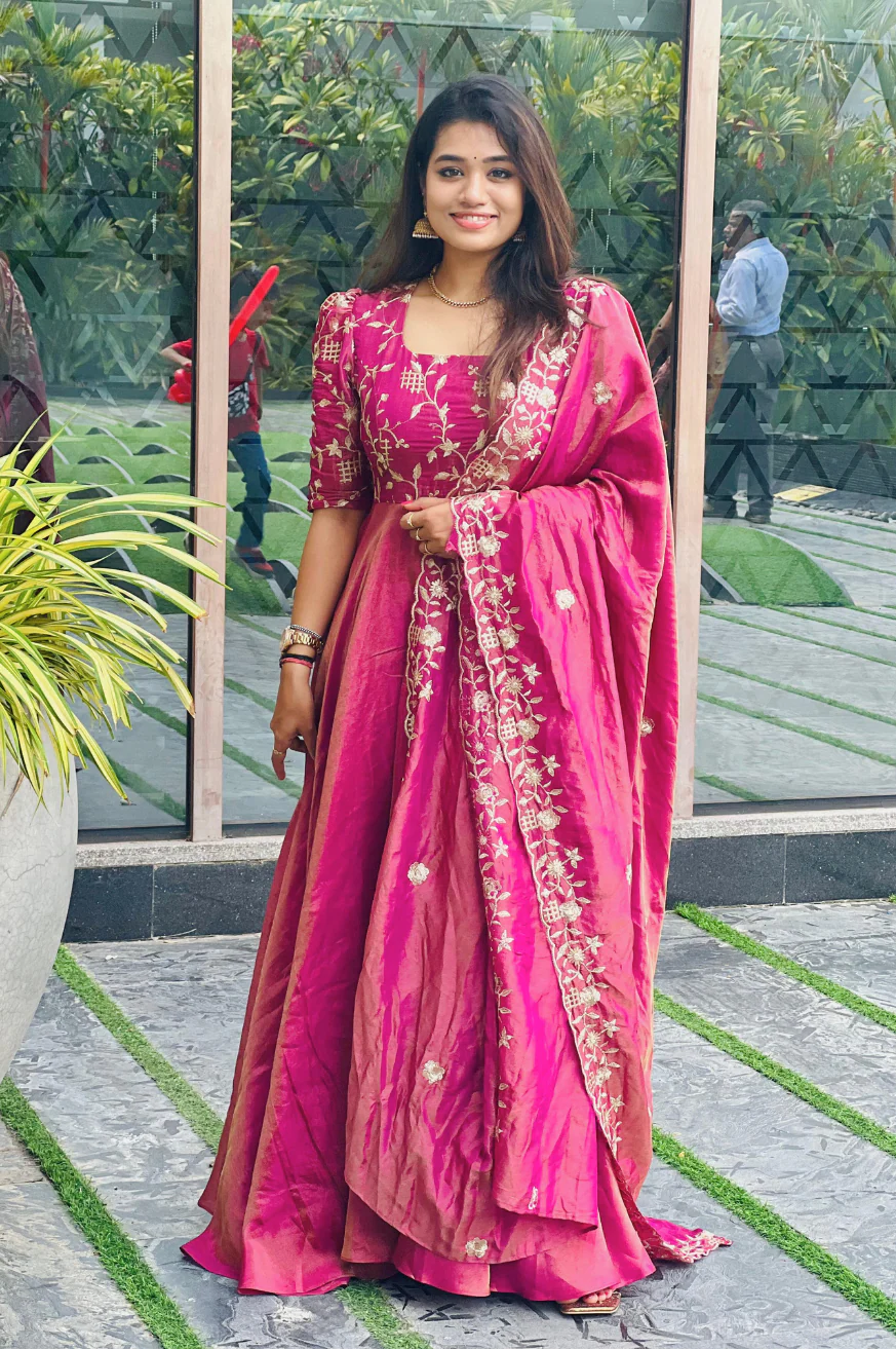 Beetroot Pink Zari Tissue Embroidered Anarkali with Scalloped Dupatta