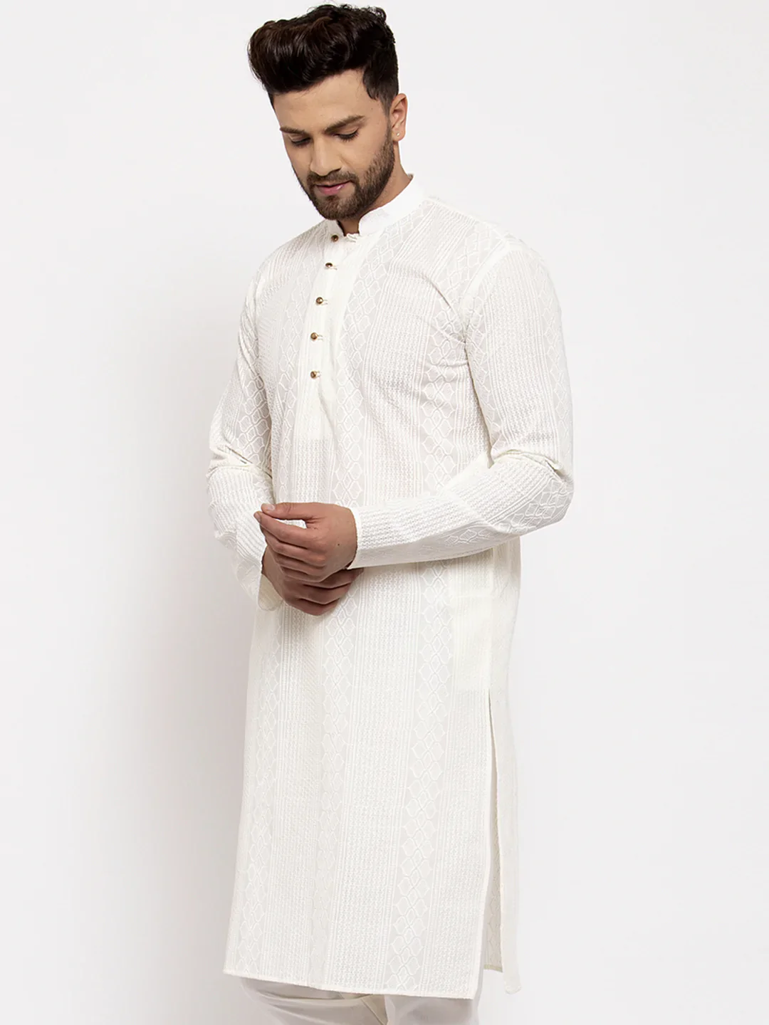 Jompers Men Cream Embroidered Kurta Only